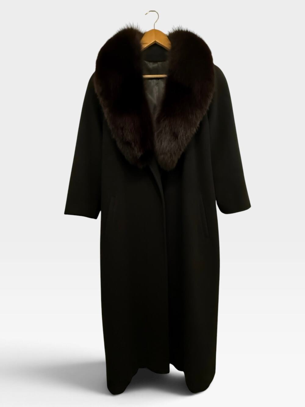 Vtg Neiman Marcus Regency Cashmere Blend Long Black Coat Fox Fur Collar Medium